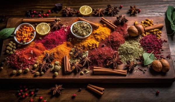 Spices and herbs in wooden bowl adorn table generated by artificial intelligence